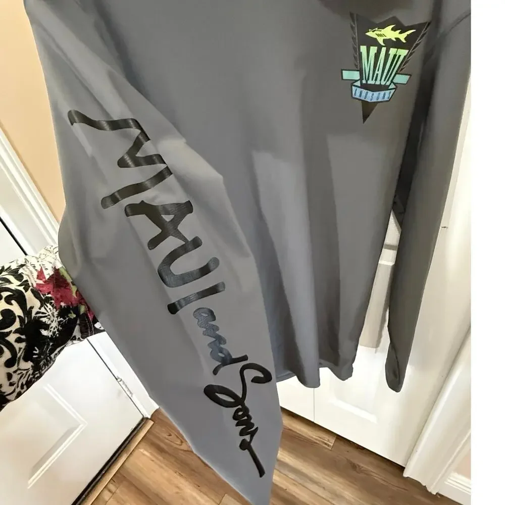Maui & Sons men's SM hooded rash guard surfing shirt 50+UPF Tech. fish swim